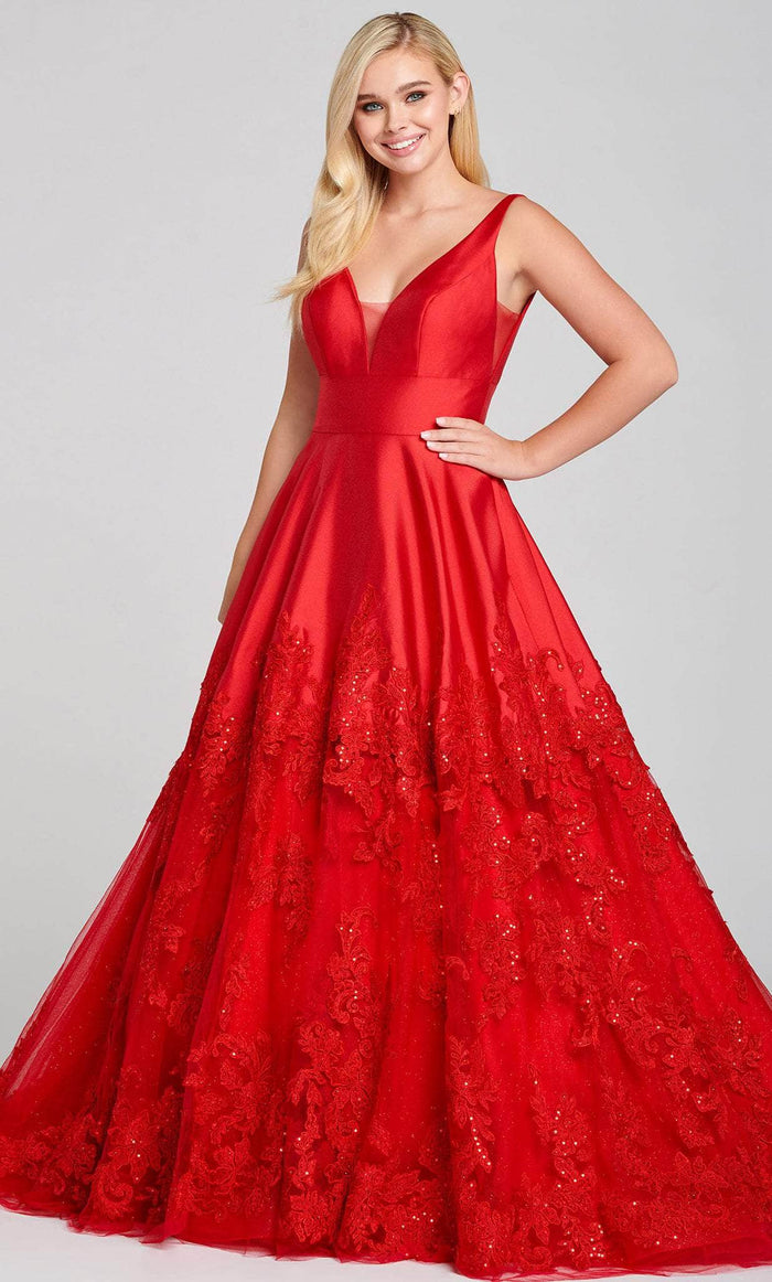 Ellie Wilde EW121032 - Lace Overlay Semi-Ballgown Prom Dresses 00 / Scarlet