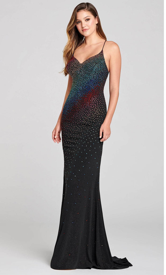 Ellie Wilde EW121038 - Multicolor Beaded Bodycon Dress Evening Dresses 00 / Black/Rainbow