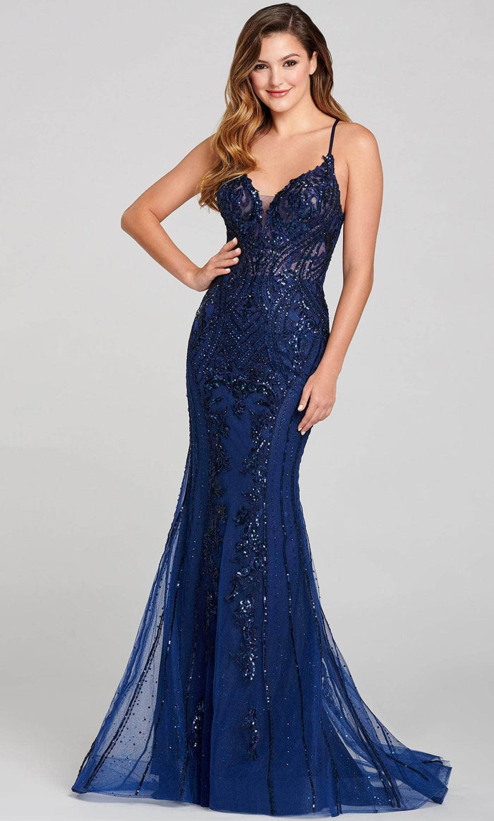 Ellie Wilde EW121054 - Trumpet Embellished Evening Gown Pageant Dresses 00 / Navy