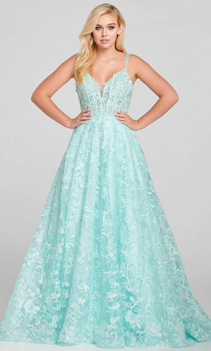 Ellie Wilde EW121058 - Embroidered Allover A-line Dress Prom Dresses 00 / Mint