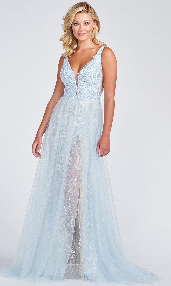 Ellie Wilde EW122054 - Sheer V-neck Formal Dress Prom Dresses 00 / Ice Blue
