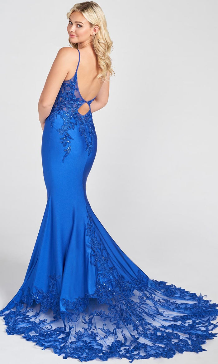Ellie Wilde EW122094 - Stretch Novelty Tricot Embroidered Lace Prom Gown Prom Dresses 00 / Royal Blue