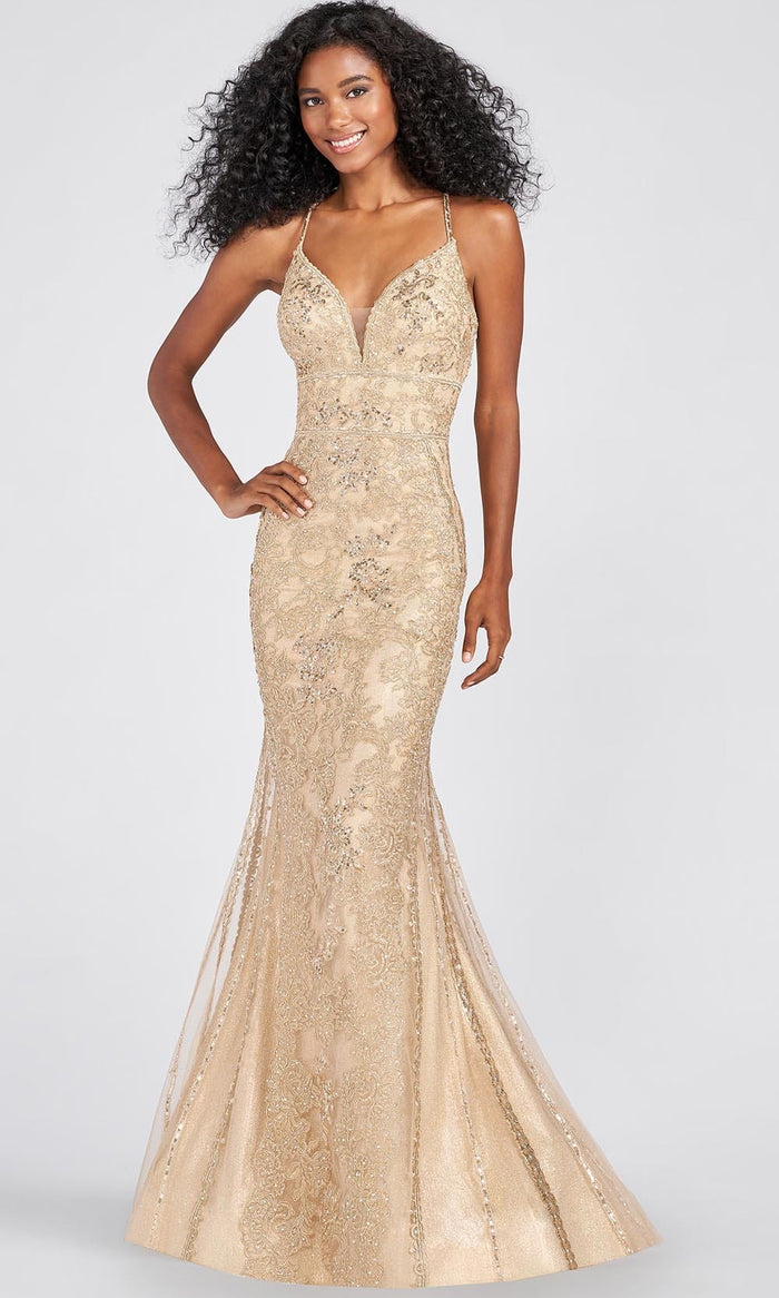 Ellie Wilde EW122095 - Lace-Up Back Metallic Jersey Mermaid Gown Prom Dresses 00 / Gold