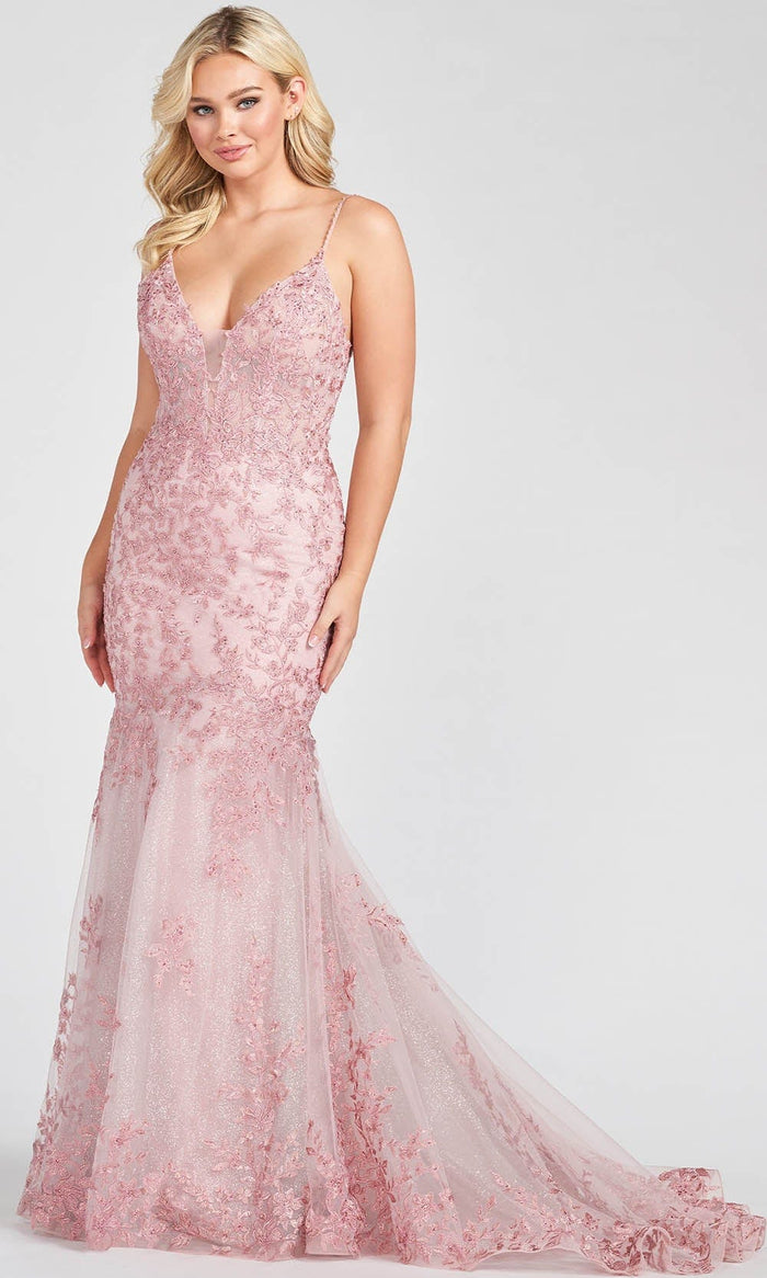 Ellie Wilde EW122103 - Beaded Applique Prom Gown Special Occasion Dress 00 / Dusty Rose