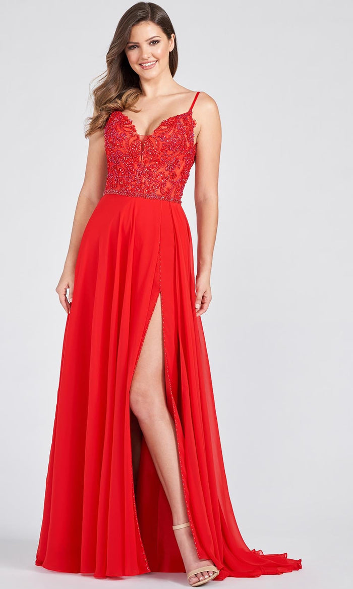 Ellie Wilde EW122121 - Lace Applique With Stone Accents Chiffon A-line Gown Prom Dresses 00 / Red