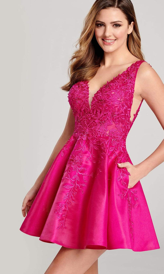 Ellie Wilde - EW22010S Lace Applique Satin Fit and Flare Short Dress Homecoming Dresses 00 / Fuchsia