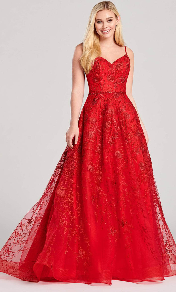 Ellie Wilde EW22015 - Floral Lace V-Neck Prom Gown Evening Dresses 00 / Red