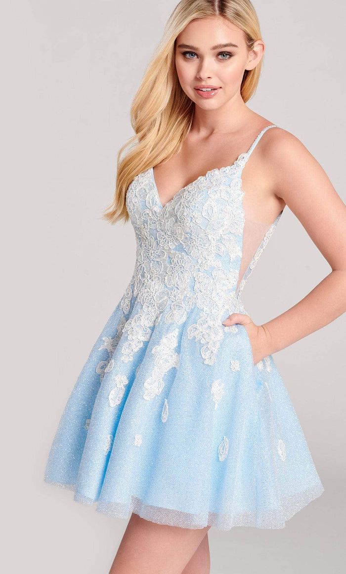 Ellie Wilde EW22044S - Embroidered Sleeveless Cocktail Dress Cocktail Dresses 00 / Ice Blue/White