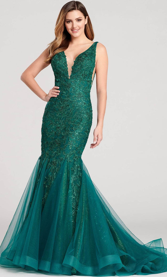 Ellie Wilde EW22047 - Embroidered Trumpet Evening Gown Evening Dresses 00 / Emerald