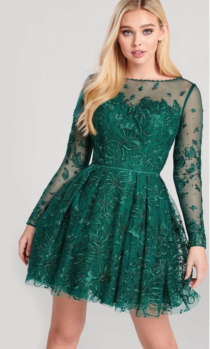 Ellie Wilde EW22062S - Long Sleeve Illusion Homecoming Dress Homecoming Dresses 00 / Emerald
