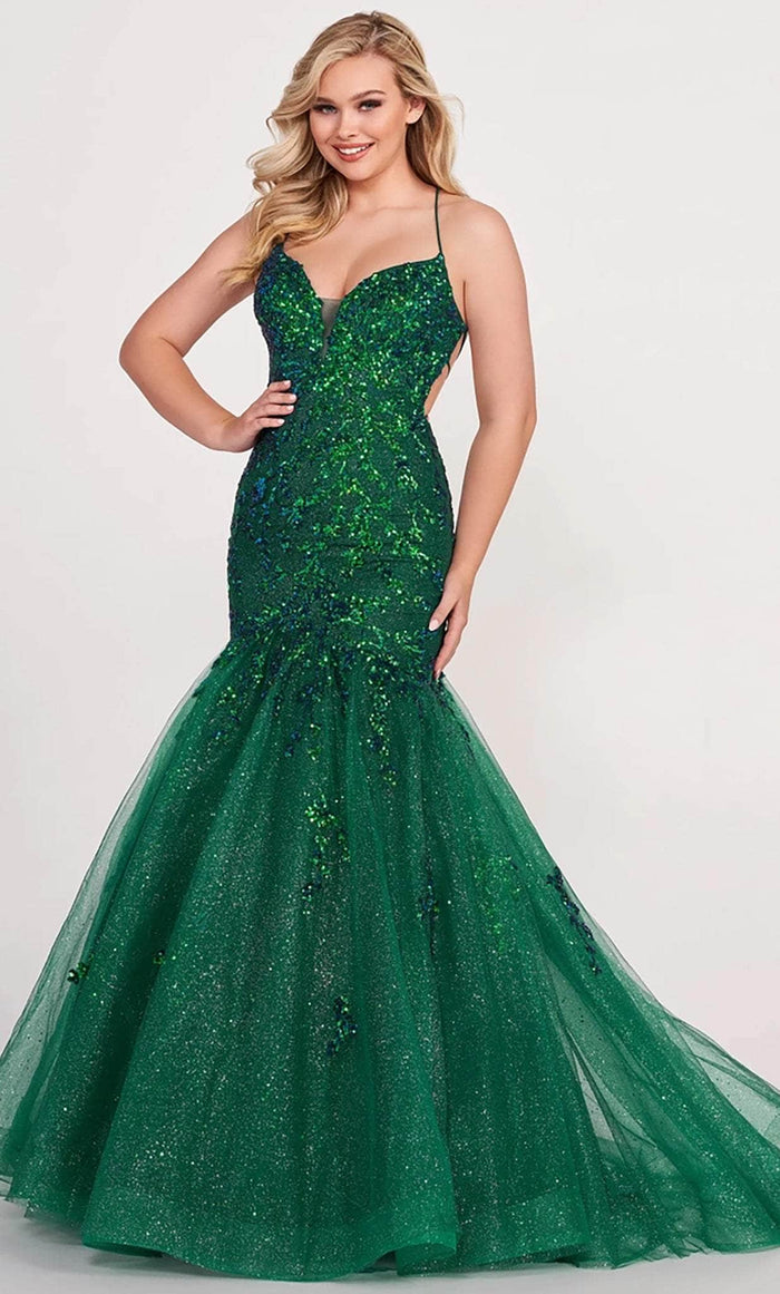 Ellie Wilde EW34011 - Glitter Plunging V Neckline Evening Dress Pageant Dresses 00 / Emerald