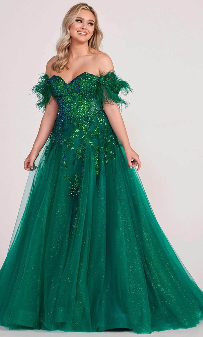 Ellie Wilde EW34013 - Feathered Off Shoulder A-line Gown Prom Dresses 00 / Emerald