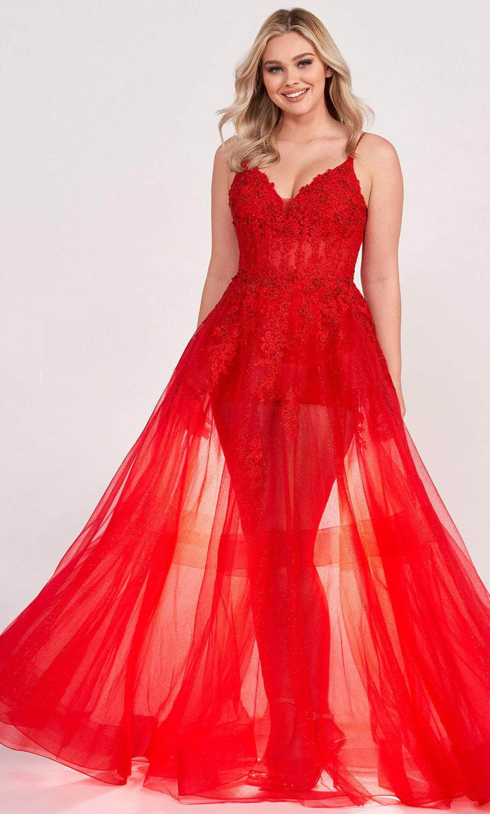 Ellie Wilde EW34032 - Embroidered Glittery Translucent Gown Evening Dresses 00 / Red