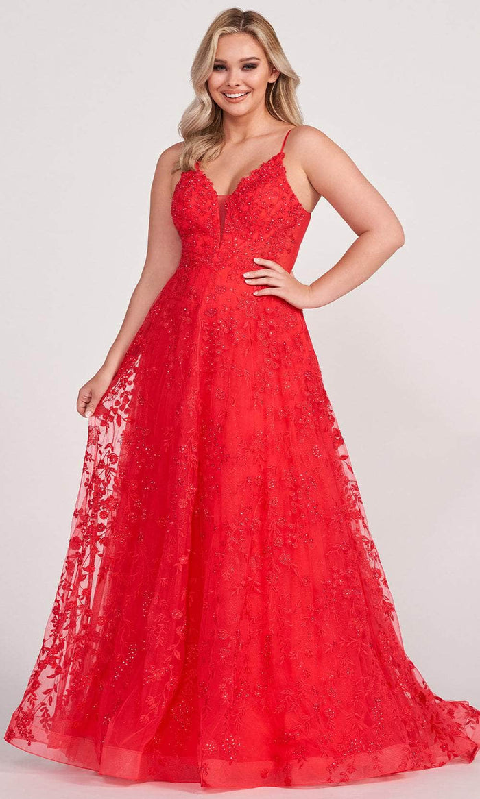 Ellie Wilde EW34048 - Embroidered V-Neck Prom Gown Prom Dresses 00 / Strawberry