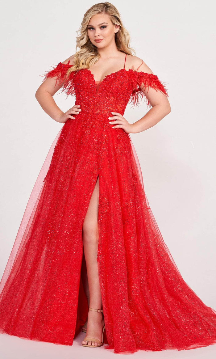 Ellie Wilde EW34066 - Crystal Feather Trim A line Prom Dress Prom Dresses 00 / Red