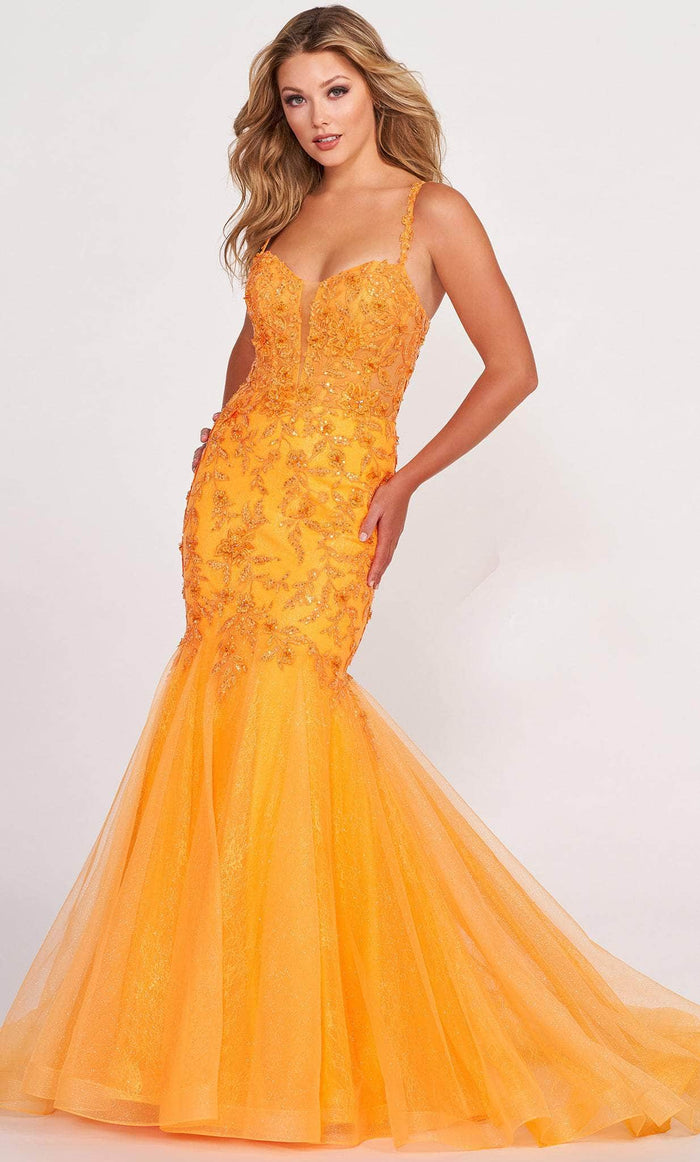 Ellie Wilde EW34085 - Plunging Neck Floral Evening Gown Evening Dresses 00 / Orange