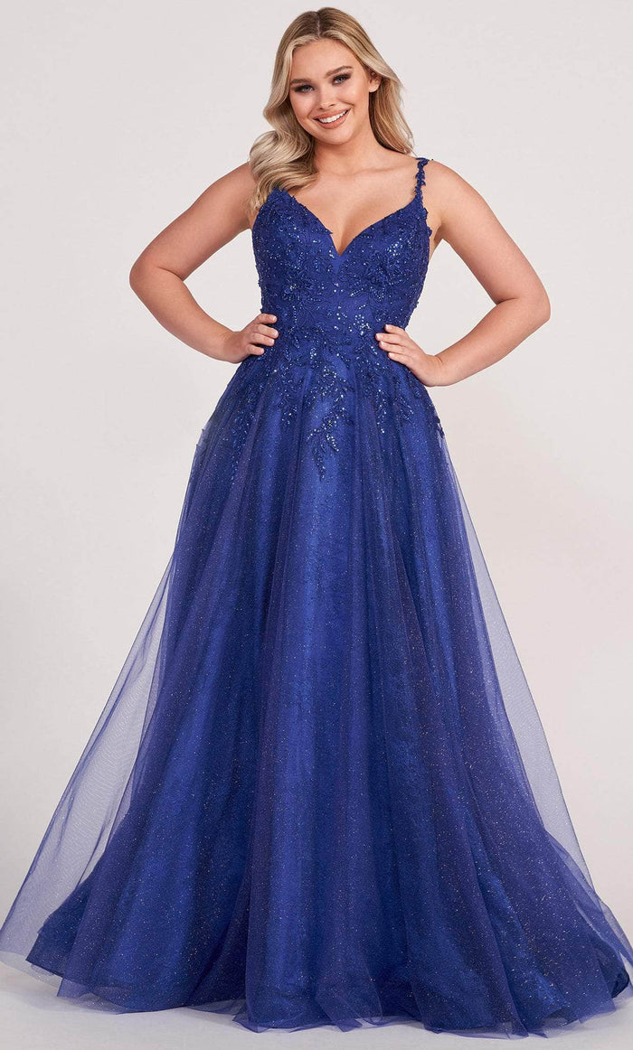 Ellie Wilde EW34086 - Deep V-Neck Lace Prom Gown Prom Dresses 00 / Navy