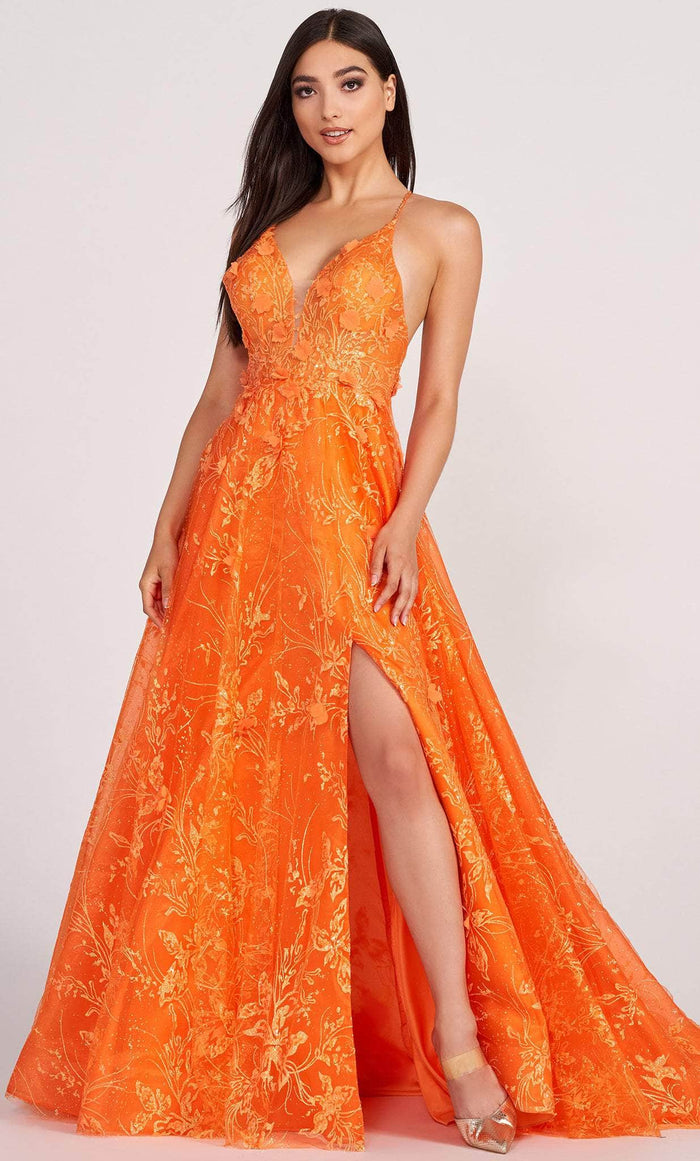 Ellie Wilde EW34102 - Deep Neck A-line Slit Gown Prom Dresses 00 / Orange