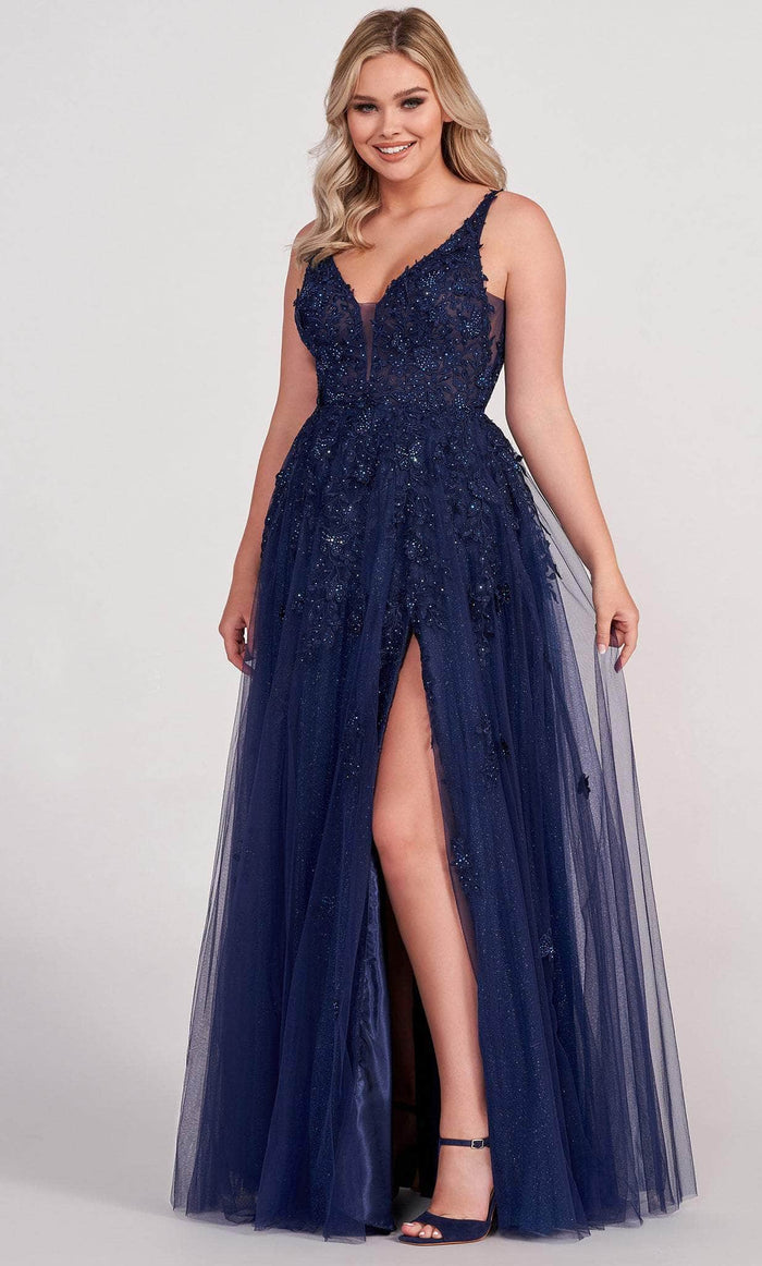 Ellie Wilde EW34103 - Lace Appliqued V-Neck Prom Gown Prom Dresses 00 / Navy