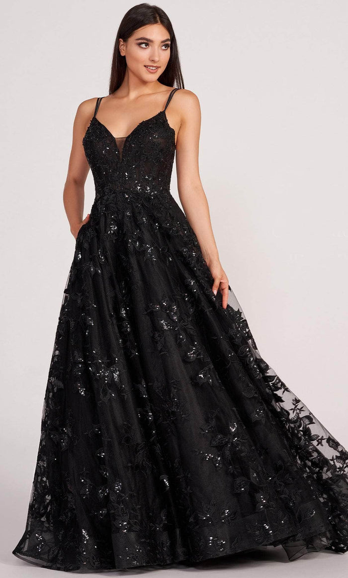 Ellie Wilde EW34119 - V Neck Sequined and Embroidered Dress Prom Dresses 00 / Black