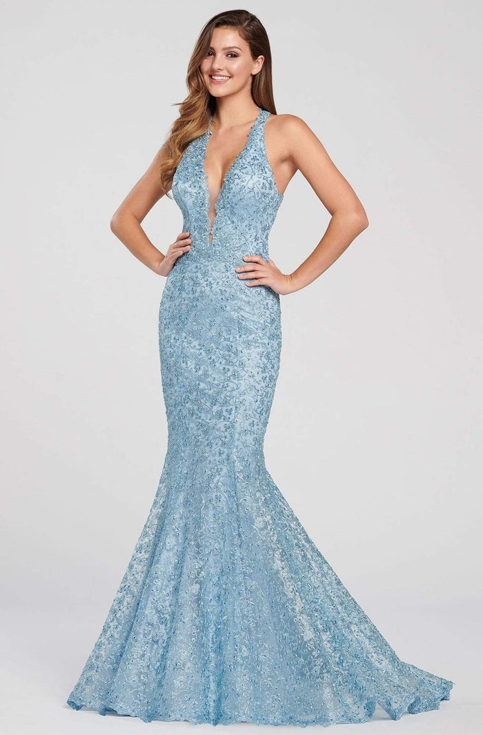 Ellie Wilde - Plunging Halter Metallic Lace Trumpet Gown EW119096 - 1 pc Sky Blue In Size 4 Available CCSALE 4 / Sky Blue