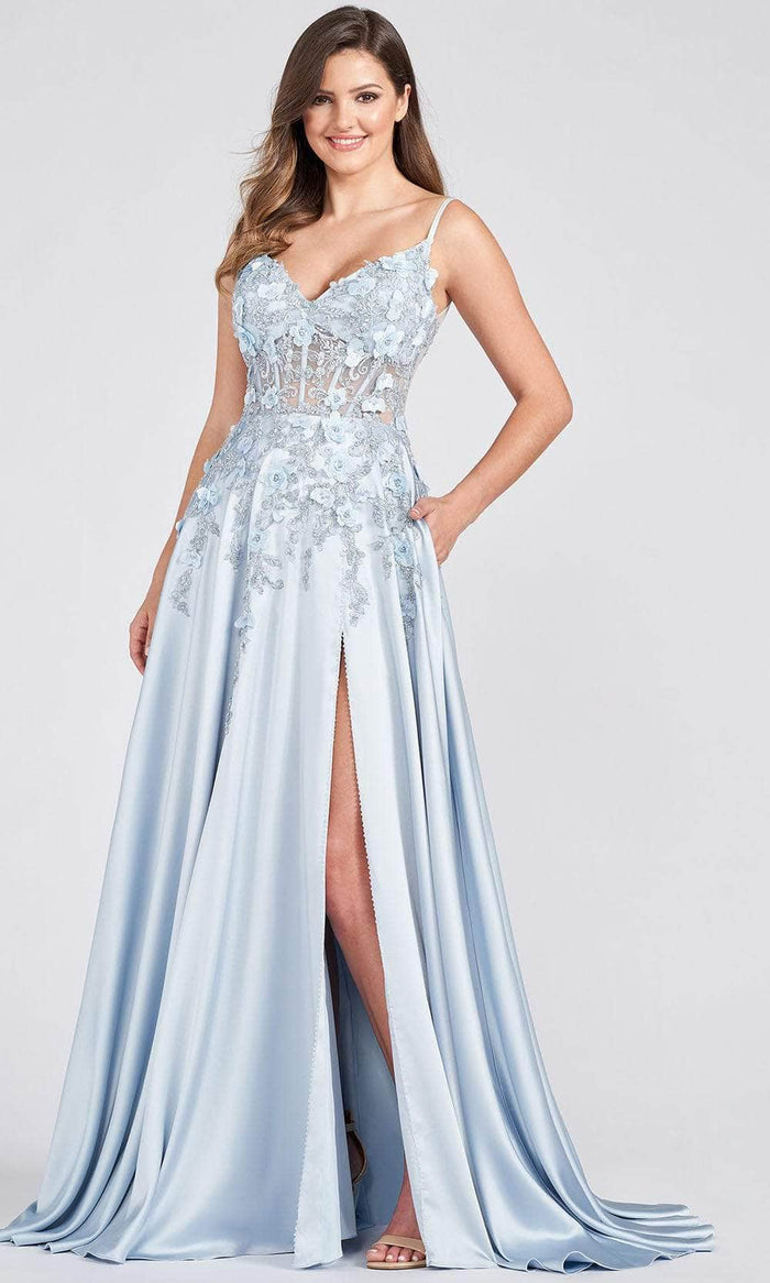 Ellie Wilde - V-Neck Floral Lace Prom Gown EW122038 - 1 pc Dusty Blue In Size 8 Available CCSALE 8 / Dusty Blue