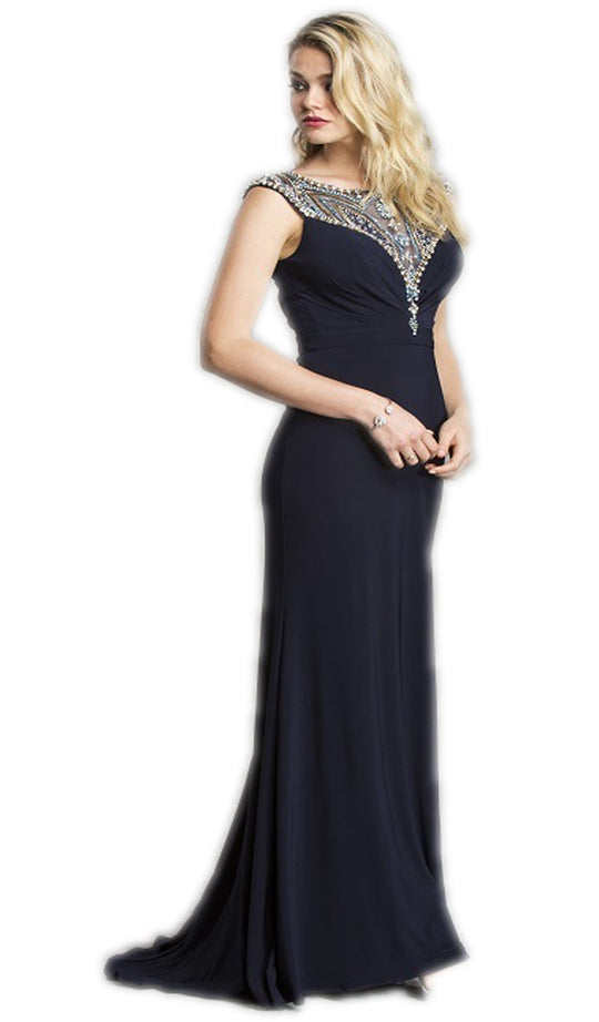Aspeed Design - Embellished Cap Sleeves Fitted Evening Dress
