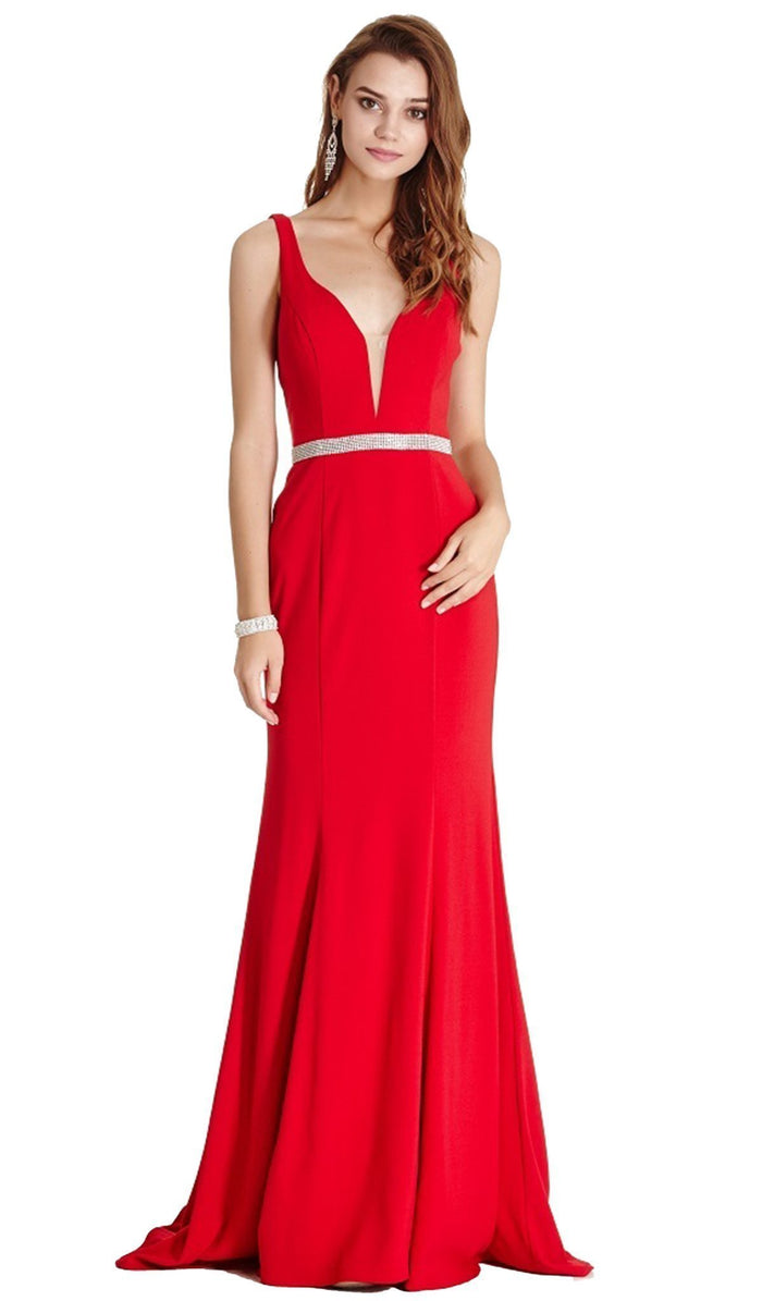 Embellished Deep V-neck Sheath Prom Dress Evening Dressses XXS / Red