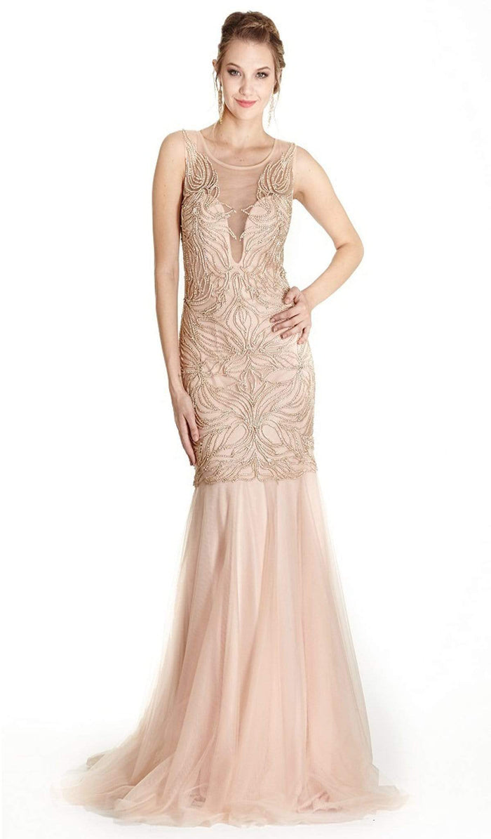 Embellished Illusion Scoop Trumpet Prom Dress Dress XXS / Blush