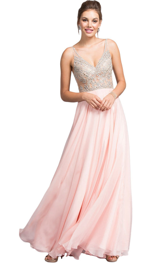 Aspeed Design L2055 - Embellished Plunging V-neck A-line Prom Dress