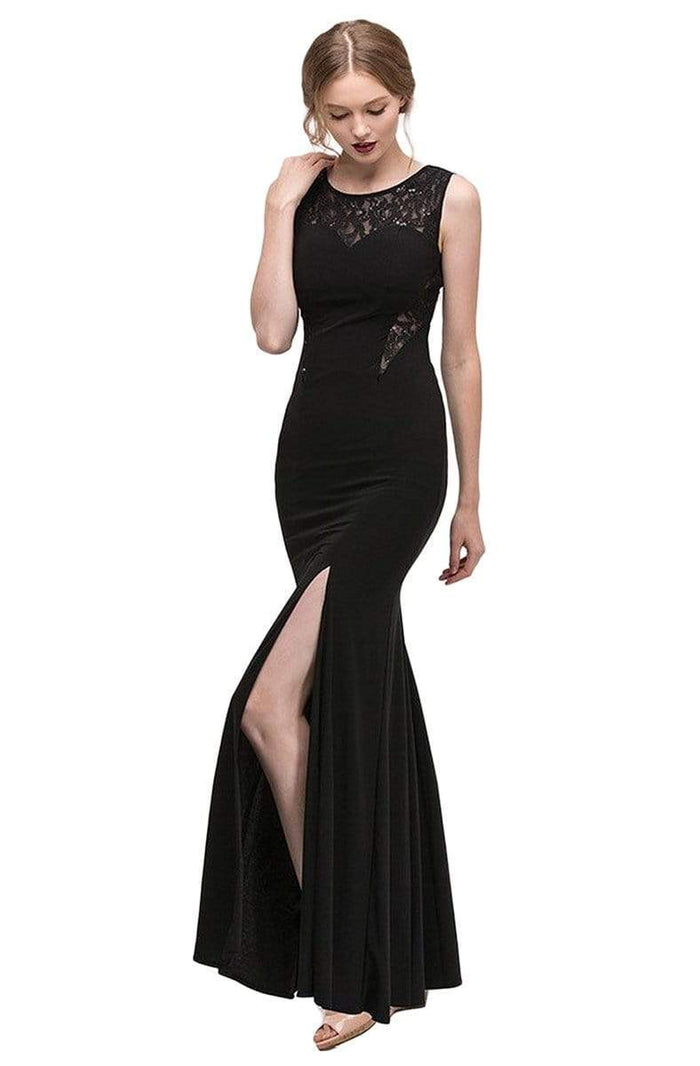 Eureka Fashion - 2073 Lace Jewel Neck Jersey Trumpet Dress Evening Dresses XS / Black
