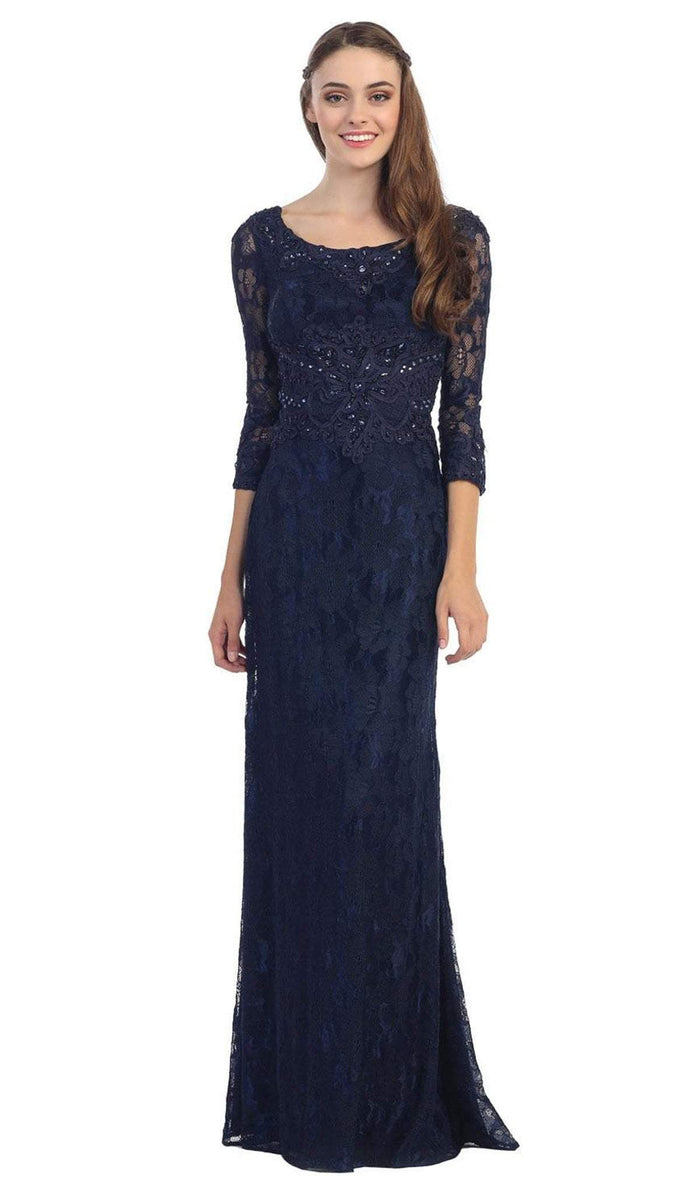 Eureka Fashion - 3935 Beaded Lace Scoop Neck Sheath Dress Special Occasion Dress XS / Navy
