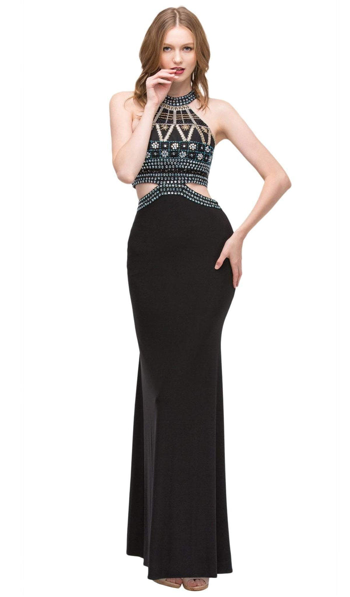 Eureka Fashion - 4073 Sleeveless Beaded Halter Jersey Sheath Dress Special Occasion Dress XS / Black