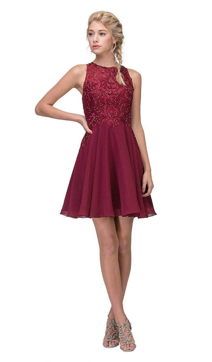 Eureka Fashion - 6025 Lace Halter Chiffon A-line Dress Special Occasion Dress XS / Burgundy
