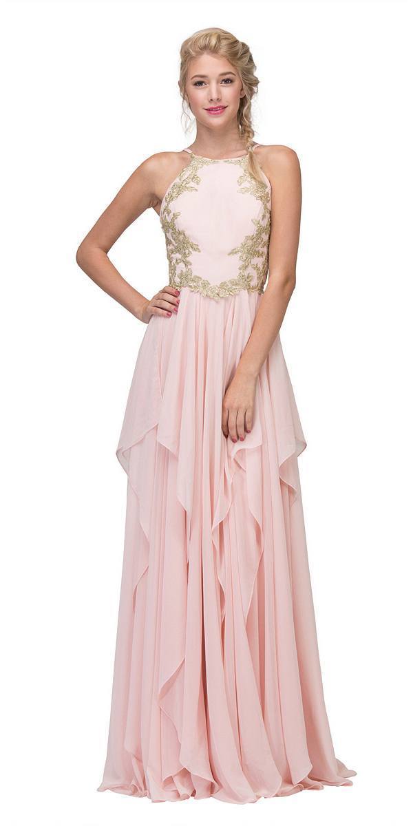 Eureka Fashion - 6036 Appliqued Halter Asymmetrical Cascade Gown Special Occasion Dress XS / Blush