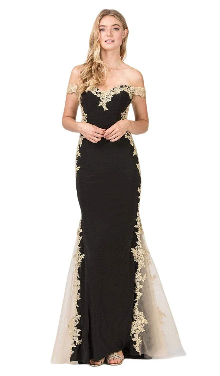 Eureka Fashion - 7006 Lace Embellished Off-Shoulder Mermaid Gown Special Occasion Dress XS / Black/Gold