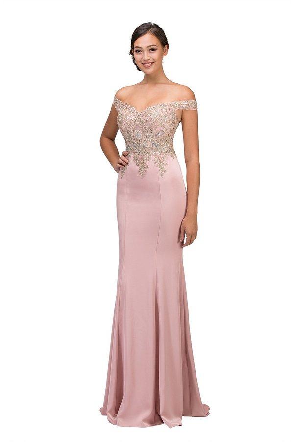 Eureka Fashion - 7012 Appliqued Bodice Off Shoulder Long Gown Special Occasion Dress XS / Blush/Gold
