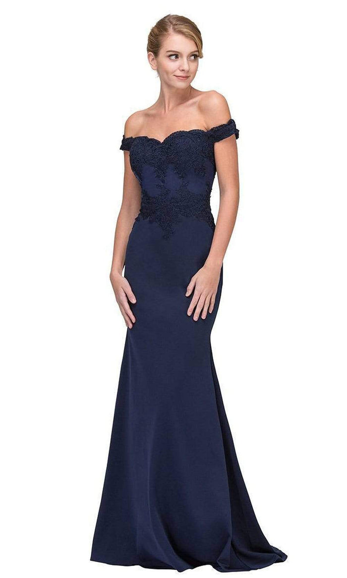 Eureka Fashion - 7100 Off Shoulder Lace Appliqued Jersey Mermaid Gown Bridesmaid Dresses XS / Navy