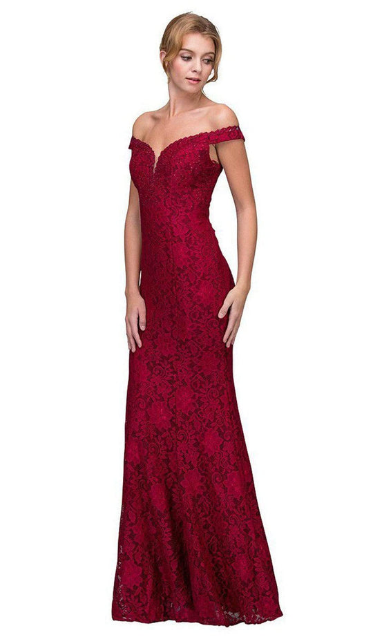 Eureka Fashion - 8050 Lace Jersey Off-Shoulder Trumpet Dress