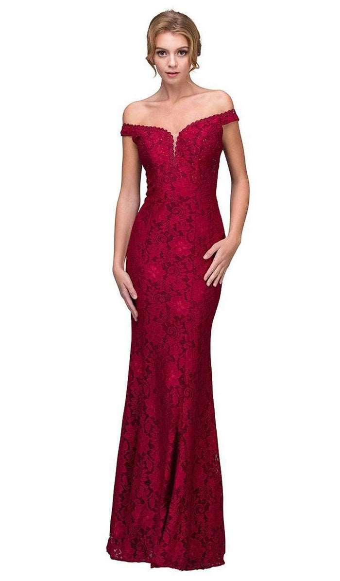 Eureka Fashion - 8050 Lace Jersey Off-Shoulder Trumpet Dress Bridesmaid Dresses XS / Burgundy