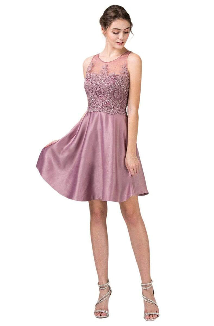 Eureka Fashion - 8433 Lace Jewel Neck Satin A-line Dress Homecoming Dresses XS / Mocha