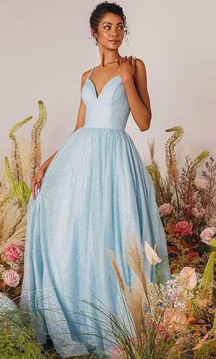 Eureka Fashion 9009 - Glitter Mesh Plunging V-Neck Prom Gown Special Occasion Dress XS / Bahama Blue