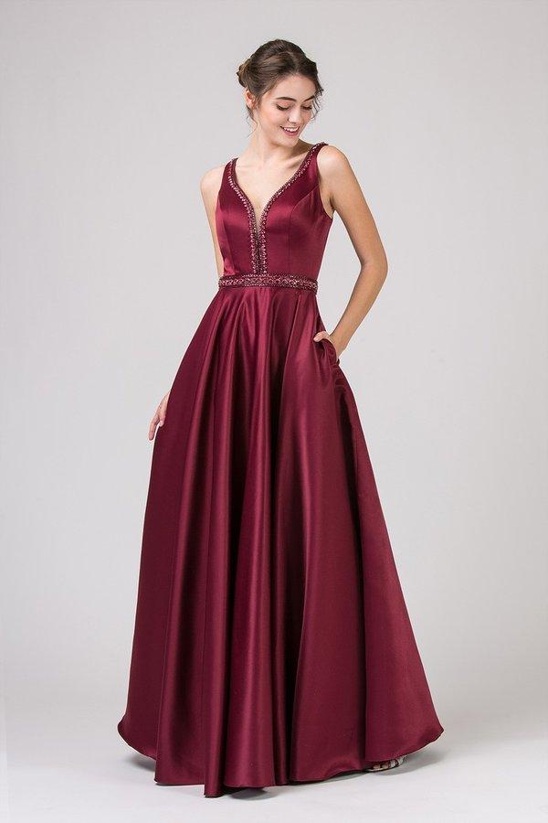 Eureka Fashion - 9010 Sleeveless Beaded Embellished Satin A-Line Gown Special Occasion Dress XS / Burgundy