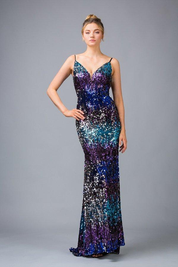 Eureka Fashion - 9105 Multi Color Allover Sequin Evening Gown Special Occasion Dress XS / Purple