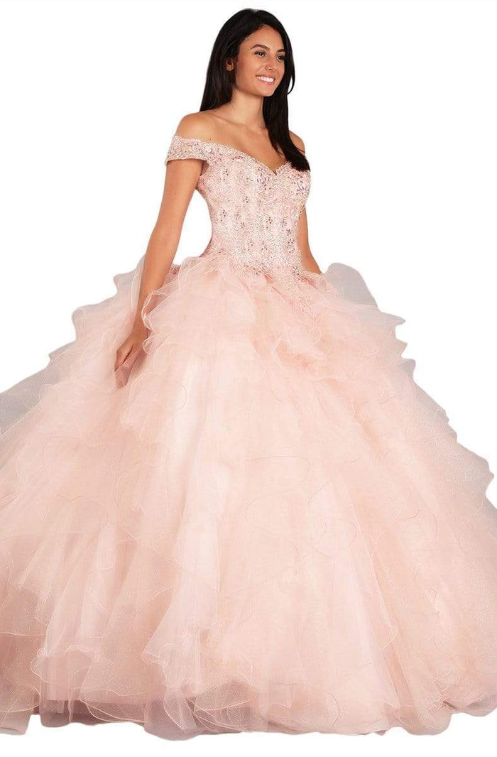 Eureka Fashion - 9313 Bejeweled Off-Shoulder Tulle Ballgown Quinceanera Dresses XS / Blush