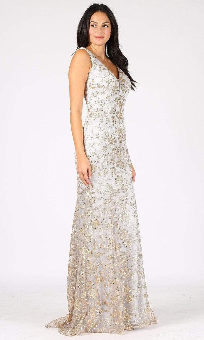 Eureka Fashion - 9706 Floral Glittery Sheath Dress Evening Dresses XS / Pewter/Gold