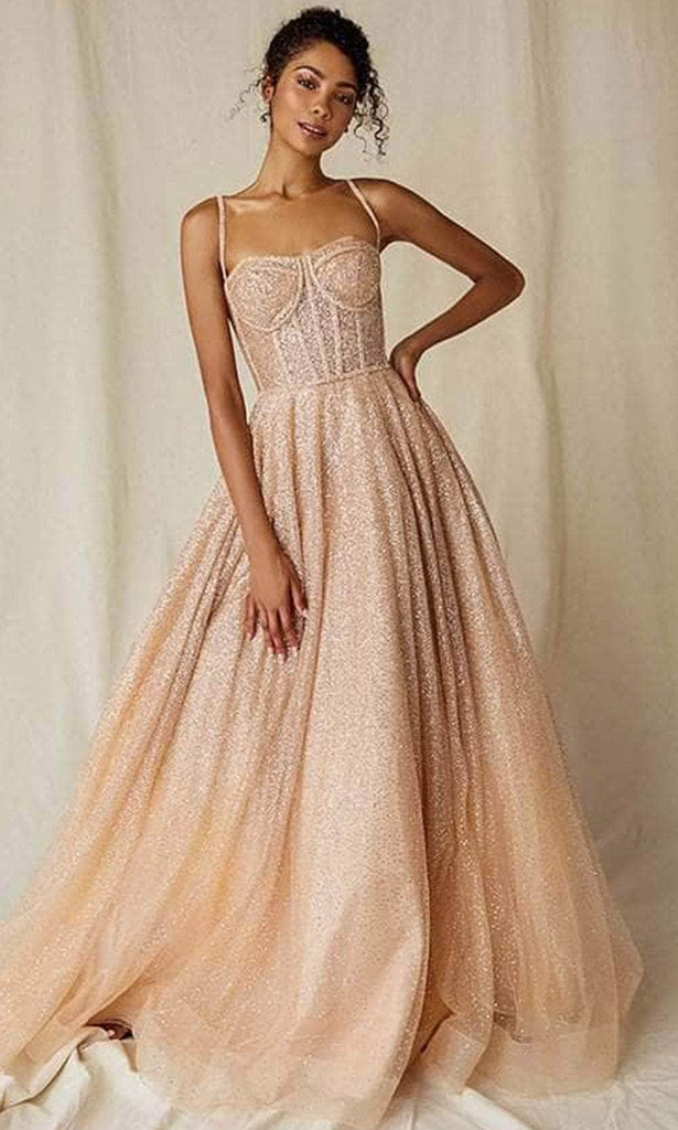Long Glitter A-Line Prom Dress with Sheer Corset Rose Gold / Large Long Glitter A-Line Prom Dress with Sheer Corset Rose Gold / Large