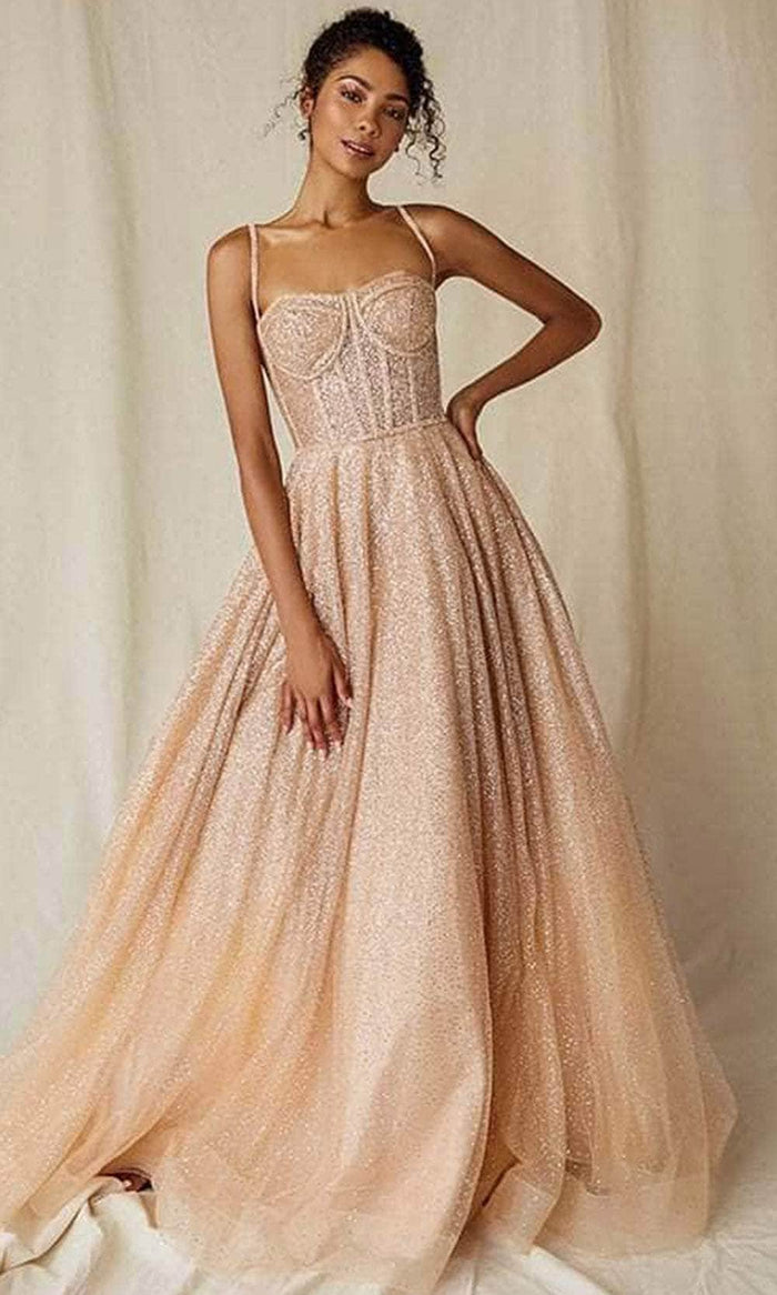 Eureka Fashion 9900 - Sheer Corset Fitted Bodice Prom Gown Special Occasion Dress XS / Rose Gold