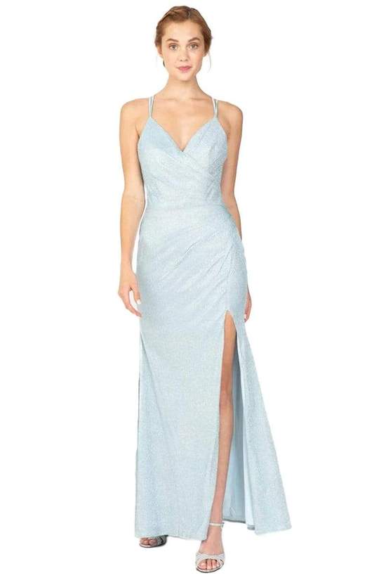 Eureka Fashion - 9933 Glitter Jersey V-neck Sheath Dress - 1 pc Ice Blue In Size M Available CCSALE M / Ice Blue