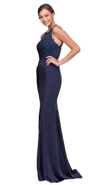 Eureka Fashion - Applique Halter Stretch Satin Trumpet Dress 7133 - 1 pc Navy In Size L Available CCSALE L / Navy